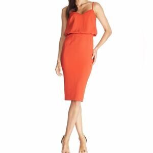 NWT Dress the Population Alondra Blouson Stretch Midi Dress Poppy Orange Small